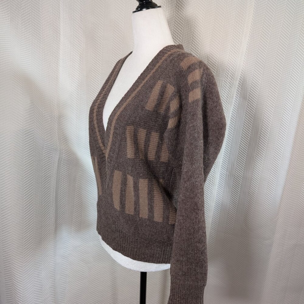 Vintage Shetland Wool Brown Sweater Deep V Neck Large Grandpa Academia Preppy - Picture 2 of 10